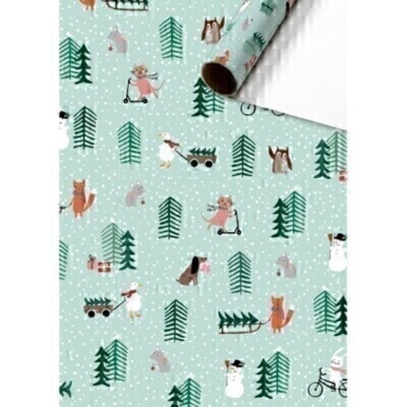 Luxury Childrens Christmas Wrapping Paper featuring Woodland Animals such as foxes ducks mice dogs and cats in a festive design on a mint green background. This festive roll of gift wrap is by Swiss designer Stewo. Quality bright white coated wrapping paper 80gsm. Approx size of roll 70cm x 2metres.